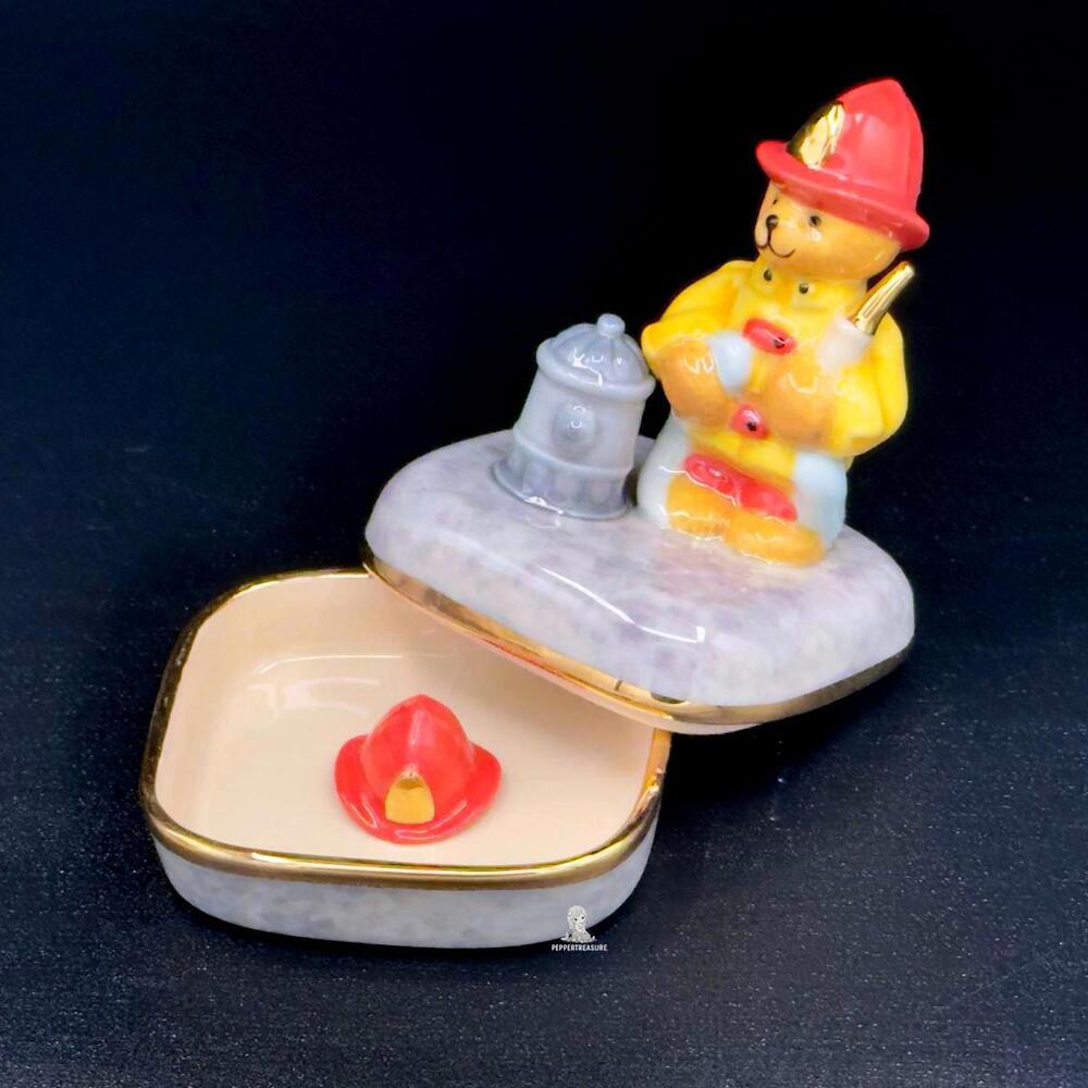 Vintage Firefighter Bear Trinket Box with Engraved Fire Helmet